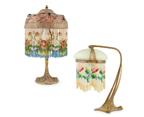  AUSTRIAN JUGENDSTIL TABLE LAMP, CIRCA 1910 brass, with frosted glass shade and polychrome beaded fringing, 38cm high; togeth