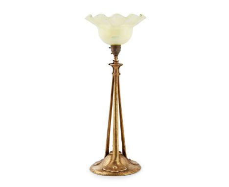 MANNER OF BIRMINGHAM GUILD OF HANDICRAFT TABLE LAMP, CIRCA 1900 brass, with opalescent glass shade 48cm high   