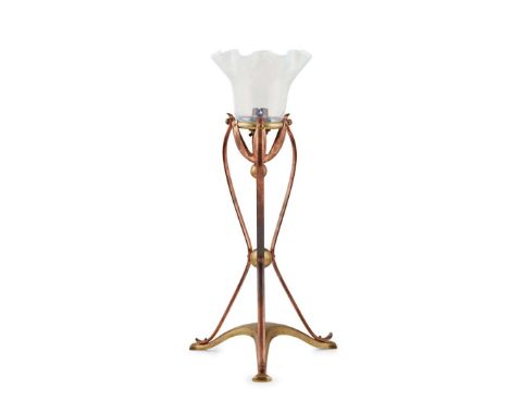  W.A.S. BENSON (1854-1924) ARTS & CRAFTS TABLE LAMP, CIRCA 1900 copper and brass, with opalescent glass shade, stamped maker'