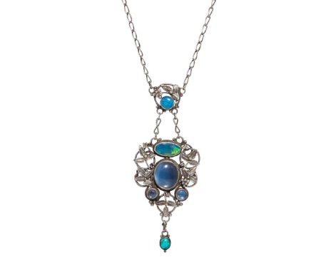  ENGLISH ARTS & CRAFTS PENDANT NECKLACE, CIRCA 1905 white metal, set with moonstone, opal and turquoise cabochons pendant 5.4