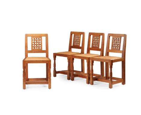  ROBERT 'MOUSEMAN' THOMPSON (1876-1955) FOUR CHAIRS, CIRCA 1980 oak, with close-nailed leather seats, with carved mouse signa