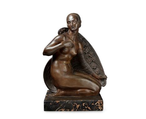  JOE DESCOMPS (1869-1950) CROUCHING FIGURE, CIRCA 1925 patinated bronze, raised on a marble plinth, signed JOE DESCOMPS SCULP
