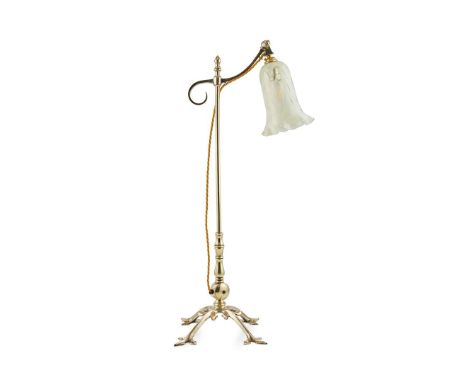  W.A.S. BENSON (1854-1924) ARTS & CRAFTS TABLE LAMP, CIRCA 1900 brass, with associated opalescent glass shade, indistinctly s