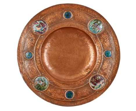  ENGLISH ARTS & CRAFTS CHARGER, CIRCA 1900 copper and enamel 51.3cm diameter   