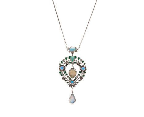  ARTHUR J. GASKIN (1862-1928) AND GEORGIE GASKIN (1866-1934) ARTS & CRAFTS PENDANT NECKLACE, CIRCA 1912 white metal, set with