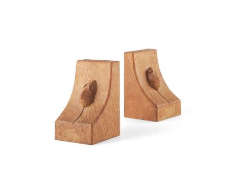  ROBERT 'MOUSEMAN' THOMPSON (1876-1955) PAIR OF BOOKENDS, 1950's oak, each with carved mouse signature (2) 9.1cm wide, 15cm h
