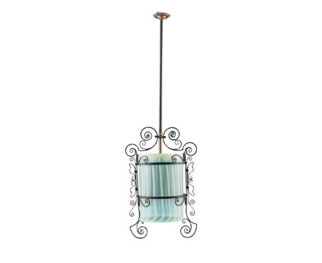  ATTRIBUTED TO JAMES POWELL & SONS, LONDON ARTS & CRAFTS CEILING LIGHT, CIRCA 1910 patinated wrought steel, opalescent glass 