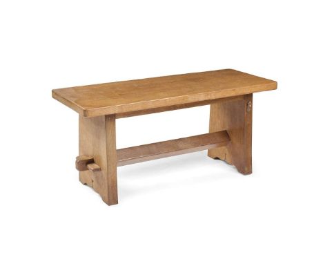  ROBERT ‘MOUSEMAN’ THOMPSON (1876-1955) COFFEE TABLE/ STOOL, 1950's oak, with carved mouse signature 91.2cm long, 41.5cm high