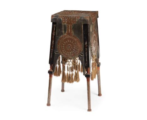  CARLO BUGATTI (1856-1940) JARDINIÈRE STAND, CIRCA 1910 walnut, repoussé decorated copper, vellum, with pewter inlay and cott