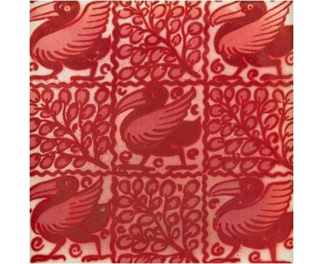  WILLIAM DE MORGAN (1839-1917) ARTS & CRAFTS RUBY LUSTRE 6-INCH TILE, CIRCA 1890 glazed ceramic, framed 15cm square   