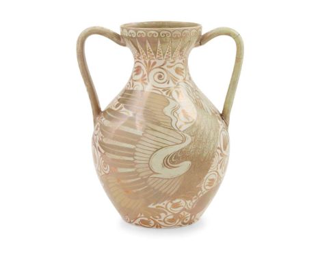  WILLIAM DE MORGAN (1839-1917) RUBY LUSTRE TWIN-HANDLED VASE, CIRCA 1890 lustre-glazed earthenware, painted maker's marks DM/