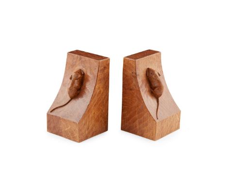  ROBERT 'MOUSEMAN' THOMPSON (1876-1955) PAIR OF BOOKENDS, 1970s-80s oak, with carved mouse signature (2)&nbsp; each 8.6cm wid