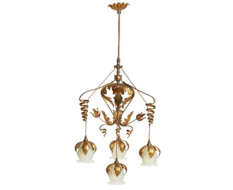  W. A. S. BENSON (1854-1924) RARE ARTS & CRAFTS CEILING LIGHT, CIRCA 1900 model 1186/s, gilded brass and copper, opalescent g
