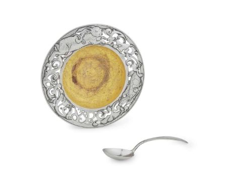  POTTER STUDIO, CLEVELAND 'HARE & TORTOISE' PORRINGER & SPOON, CIRCA 1900 Sterling silver, enamel, each stamped POTTER STUDIO