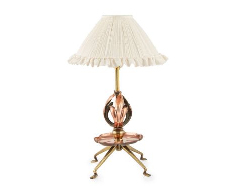  W. A. S. BENSON (1854-1924) ARTS & CRAFTS TABLE LAMP, CIRCA 1900 model 1194/1307, brass and copper, with later pleated fabri