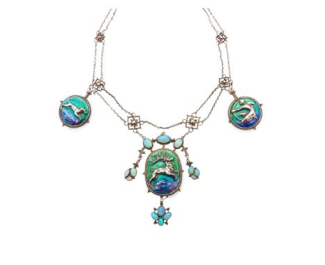  HENRY WILSON (1864-1934) ARTS & CRAFTS NECKLACE, CIRCA 1905 white metal, enamel, opal cabochons 36.5cm long  Note: Henry Wil