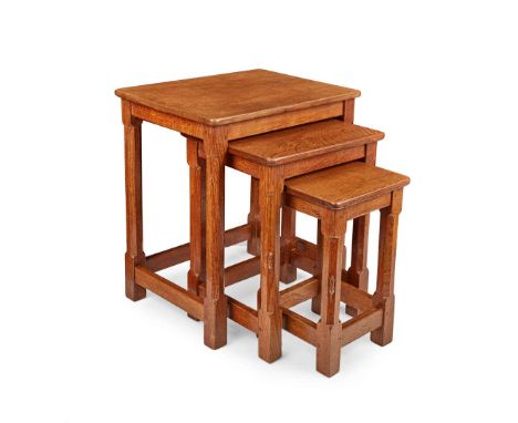  ROBERT 'MOUSEMAN' THOMPSON (1876-1955) NEST OF THREE TABLES, 1930s-40s oak, with carved mouse signature the largest table 45