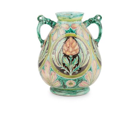  DELLA ROBBIA POTTERY, BIRKENHEAD ARTS & CRAFTS TWIN-HANDLED VASE, CIRCA 1900 incised and glazed terracotta, incised and pain