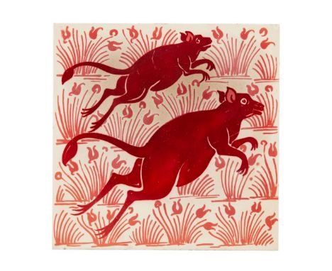  WILLIAM DE MORGAN (1839-1917) ARTS & CRAFTS RUBY LUSTRE 6-INCH TILE, CIRCA 1890 glazed ceramic, depicting two hopping kangar