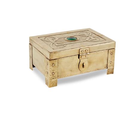  MARGARET GILMOUR (1860-1942) GLASGOW SCHOOL FITTED BOX, CIRCA 1910 repoussé-decorated brass, set with enamel, with wood-line