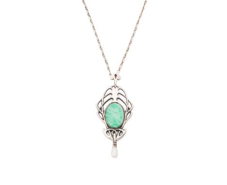  AFTER ARCHIBALD KNOX JUGENDSTIL PENDANT, CIRCA 1905 silver, amazonite and seed pearl, with indistinct incised marks verso pe