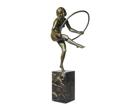  AURORE ONU 'HOOP DANCER', CIRCA 1925 patinated bronze on a marble base, signed AURORE ONU 47.5cm high   