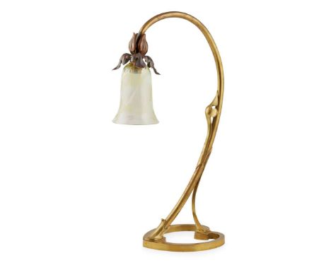  ENGLISH, MANNER OF W.A.S. BENSON ARTS & CRAFTS TABLE LAMP, CIRCA 1900 brass, with opalescent glass shade 52cm high   