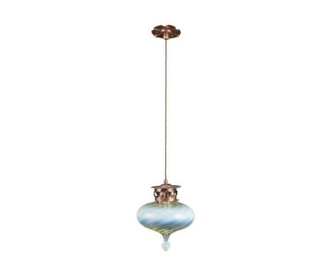  ENGLISH ARTS & CRAFTS CEILING LIGHT, CIRCA 1910 repoussé-decorated copper, opalescent glass 90cm high to ceiling rose, light