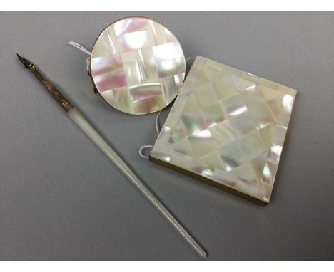 MOTHER OF PEARL COMPACT, along with a lipstick and a fountain pen (3)
