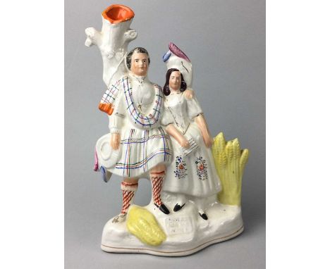 19TH CENTURY STAFFORDSHIRE FIGURAL SPILL VASE,along with a Delftware polychrome vase, a beer stein and whisky jug (4)