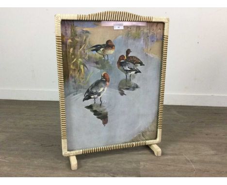 MODERN FIRE SCREEN,decorated with a print of water birds after Vernon Ward, 59cm tall