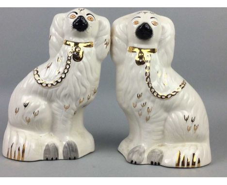 20TH CENTURY PAIR OF WALLY DOGS,24cm high, along with other ceramic animal figures including bears, birds, cats and dogs