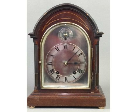 EARLY 20TH CENTURY MAHOGANY CASED MANTEL CLOCK,with silvered plate, chaptering and subsidiary dial, unsigned, 29.3cm high
