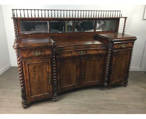 19TH CENTURY FLAME MAHOGANY MIRROR BACK SIDEBOARD,the raised back with single galleried shelf over barley twist supports, ins