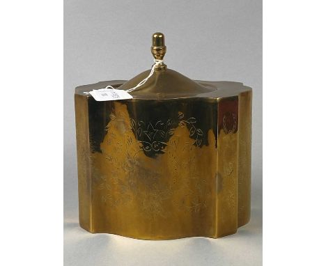 BRASS AND FOUR GLASS MANTEL CLOCK,along with other brass ware including a tea caddy, chamberstick, bowls and other items