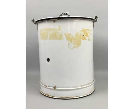 EARLY WHITE ENAMEL BREAD BIN,37cm high, along with a large circular mixing bowl (2)