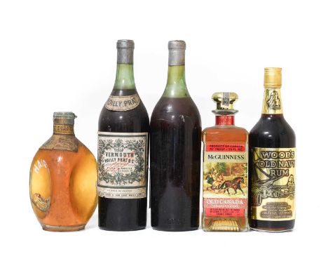 Noilly Prat &amp; Cie Vermouth (two bottles), Dimples Blended Whisky, 1950s bottling (one bottle), Wood's OId Navy Rum (one b