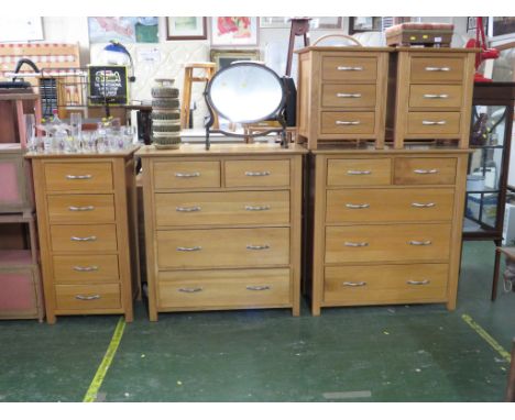 LIGHT OAK BEDROOM FURNITURE - PAIR OF FIVE DRAWER CHESTS, PAIR OF THREE DRAWER BEDSIDE CHESTS, AND A NARROW CHEST OF FIVE DRA