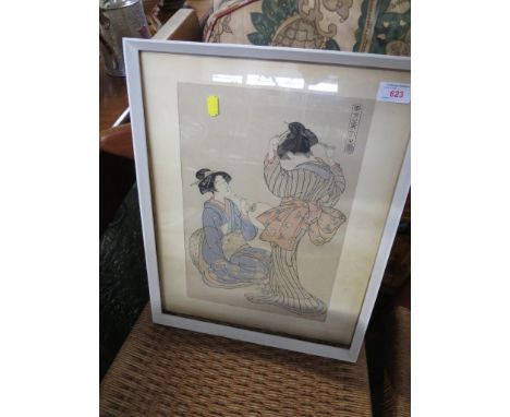FRAMED AND GLAZED JAPANESE PRINT OF TWO WOMEN. (AF)