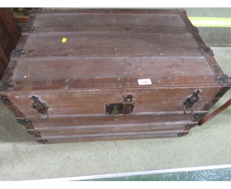 EARLY 20TH CENTURY WOODEN BANDED TRAVEL TRUNK.