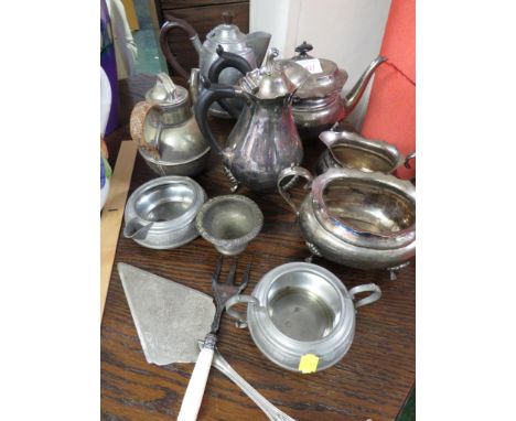 PEWTER HOT WATER JUG, SILVER-PLATED TEA POT, SUGAR BASIN AND OTHER METAL DINING WARE.