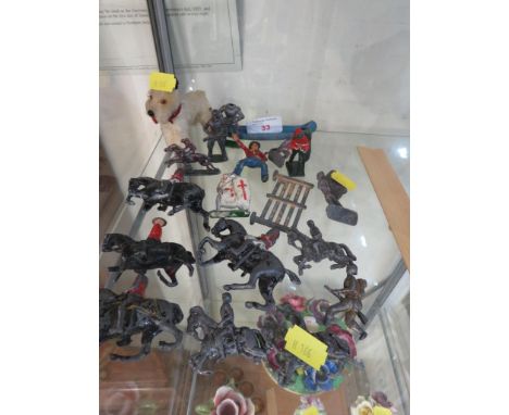 VINTAGE TOY FIGURE OF A DOG, TOGETHER WITH A SELECTION OF PLAY WORN LEAD SOLDIERS AND OTHER ITEMS (SOLD AS DECORATIVE ITEMS O