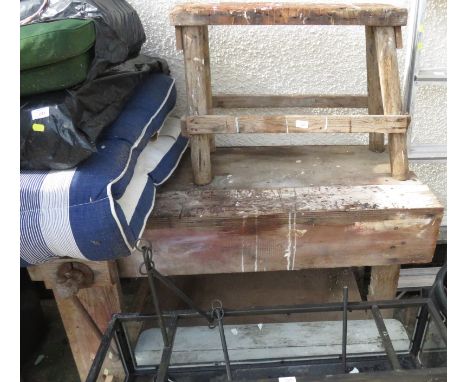 A WOODEN WORK BENCH WITH WOODEN STOOL. (AF)