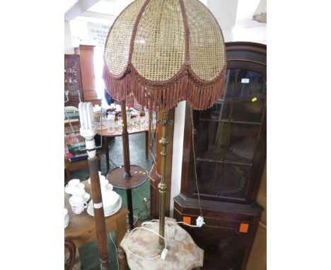 MARBLE AND BRASS TABLE STANDARD LAMP WITH A CANED AND TASSELLED SHADE. (NEEDS RE-WIRING)