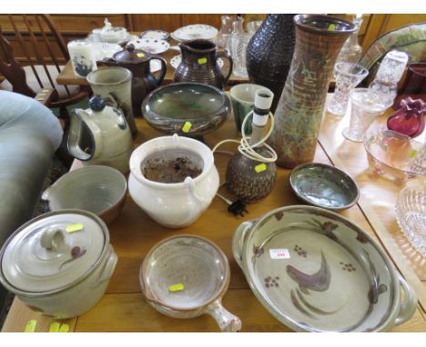 STUDIO POTTERY, VASES, DISHES, SALT PIG ETC, AND A POTTERY TABLE LAMP BASE.