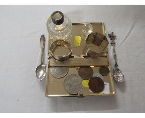 HALLMARKED SILVER NAPKIN RING 0.3 OZT, ONE OTHER STAMPED SILVER, TWO FOREIGN SILVER SPOONS. PLATED CIGARETTE CASE, SMALL QUAN