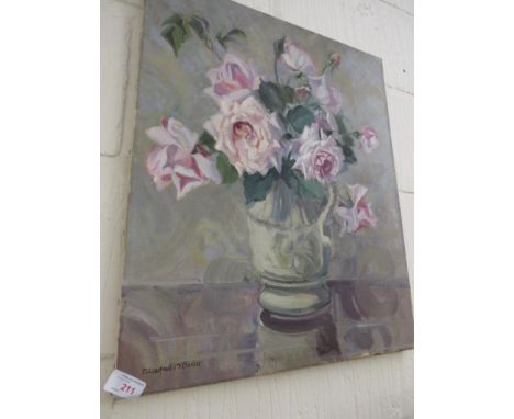 UNFRAMED OIL ON CANVAS DEPICTING FLOWERS IN VASES, SIGNED WINIFRED M DEXTER LOWER LEFT
