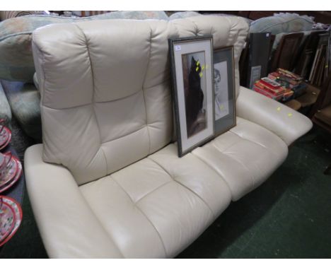 EKORNESS STRESSLESS MANUALLY RECLINING TWO-SEATER SOFA IN CREAM LEATHER WITH WOODEN FRAME.