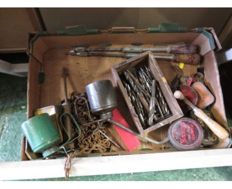 BOX OF HAND TOOLS, DRILL BITS AND OTHER ITEMS.