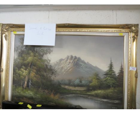 FRAMED OIL ON CANVAS OF WOODLAND WITH MOUNTAINS BEYOND SIGNED M BURTON LOWER RIGHT.